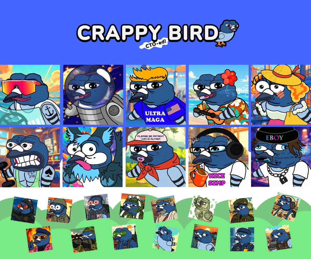 CrappyBirdBase's tweet image. 10 New Crappy PFPs have been added to the Public Meme Library! 🤡🐦 - 10 new personalities for all the pigeons out there!
Learn more about each Crappy personality
crappy-bird.gitbook.io/crappy-bird/me…
P.S. - The Global Pigeon Propaganda is in full swing!!! 🐦🐦🐦🐦🐦🐦🐦