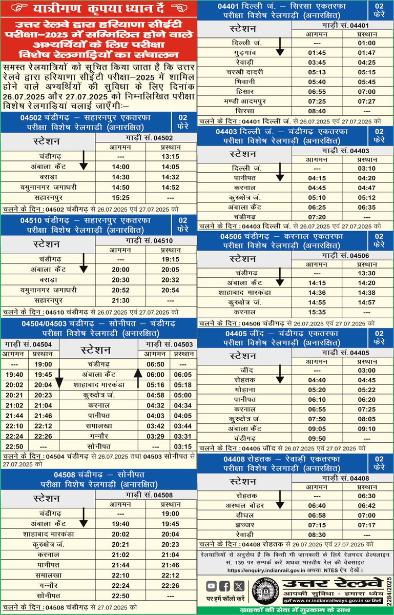 उत्तर रेलवे द्वारा हरियाणा सीईटी परीक्षा-2025 में सम्मलित होने वाले अभ्यर्थियों के लिए परीक्षा विशेष रेलगाड़ियों का संचालन

समस्त रेलयात्रियों को सूचित किया जाता है कि उत्तर रेलवे द्वारा हरियाणा सीईटी परीक्षा-2025 में शामिल होने वाले अभ्यर्थियों की सुविधा के लिए