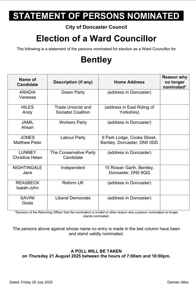 hharrisonjourno's tweet image. BREAKING: Full list of candidates for Bentley ward by-election in #Doncaster
Includes former Labour cllr Jane Nightingale now running as an independent