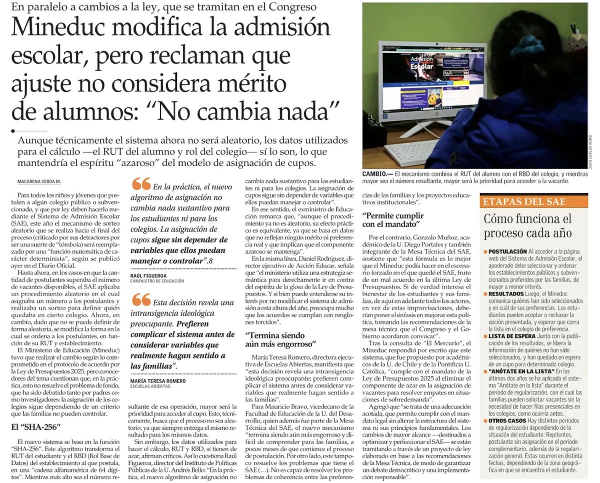 Desde hoy usted verá a algunos medios y actores planteando su disconformidad con la fórmula a través de la cual se asignarán los cupos del SAE para el año 2026 en el sistema escolar. Este cambio, es importante recordar, fue forzado por un “acuerdo” con la oposición en la ley de