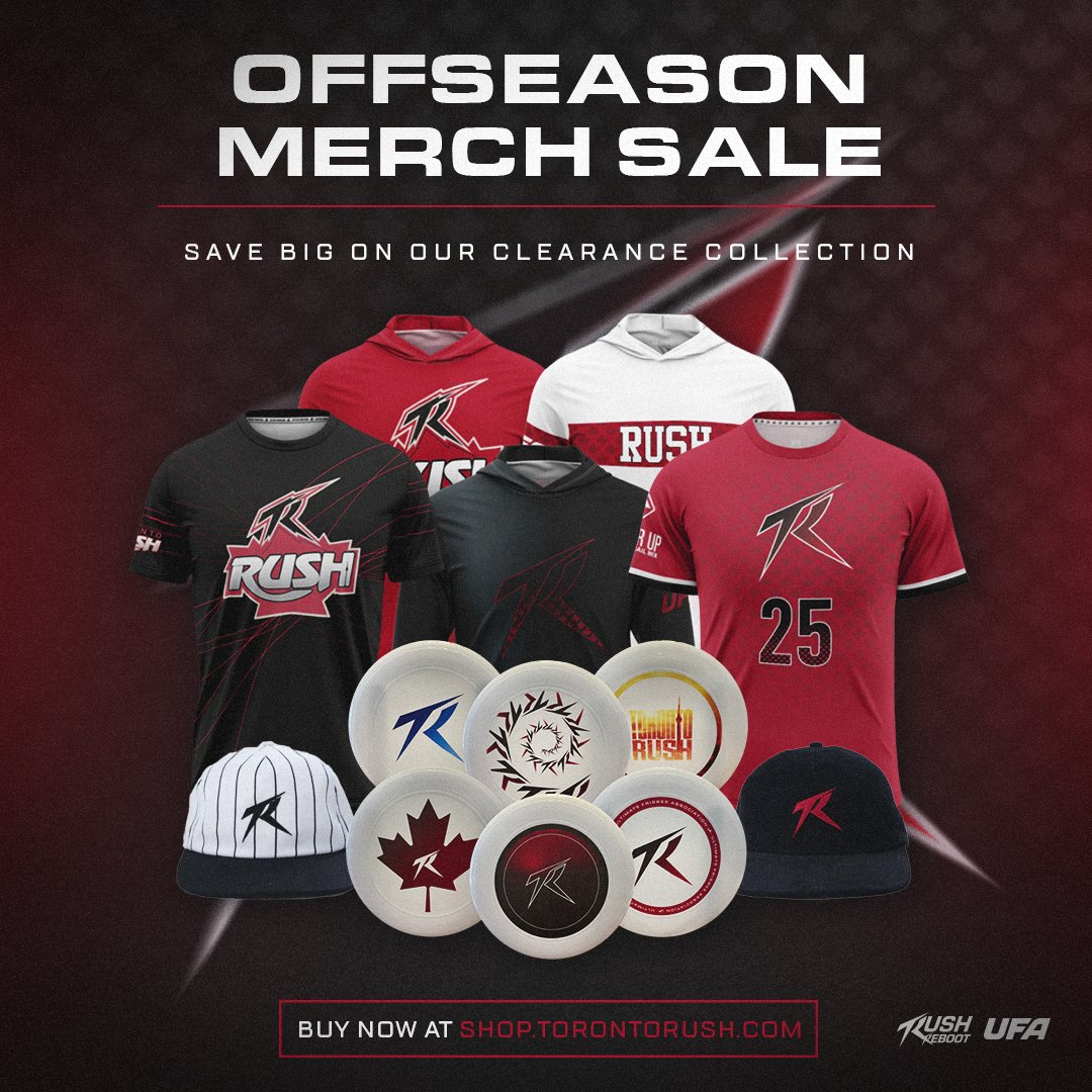 🔥 OFFSEASON MERCH SALE 🔥
We’ve slashed prices on jerseys, sun hoodies, discs, hats, and more!
Stock is limited — once it’s gone, it’s gone.

🛒 Shop now: shop.torontorush.com/collections/of…

#FeelTheRush #RushReboot25