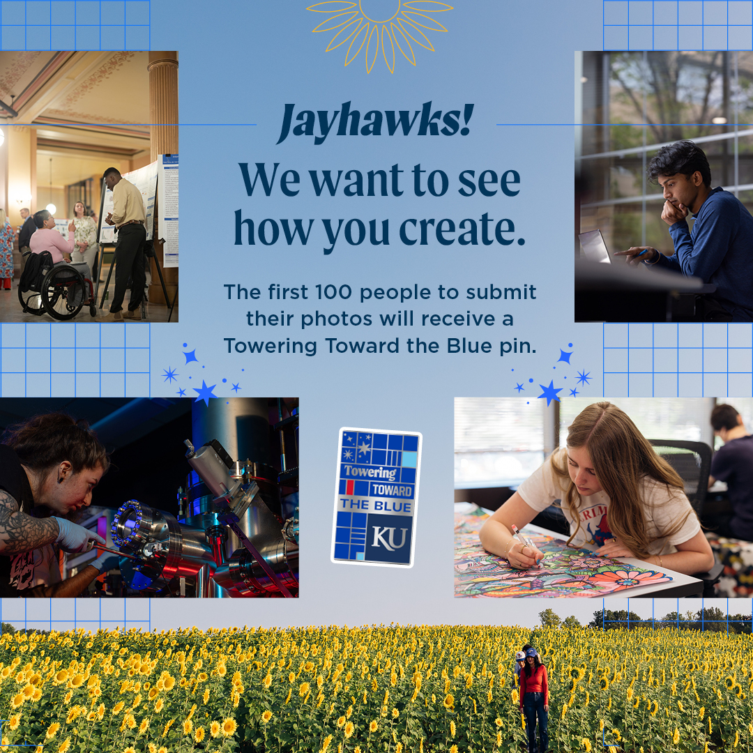 UnivOfKansas's tweet image. We want to see photos of KU alumni, faculty, students, and other community members using their creativity at work, on campus, and in life. ✨ Submit your photos through this link, and you might get an exclusive Towering Toward the Blue pin. kusurvey.ca1.qualtrics.com/jfe/form/SV_80…