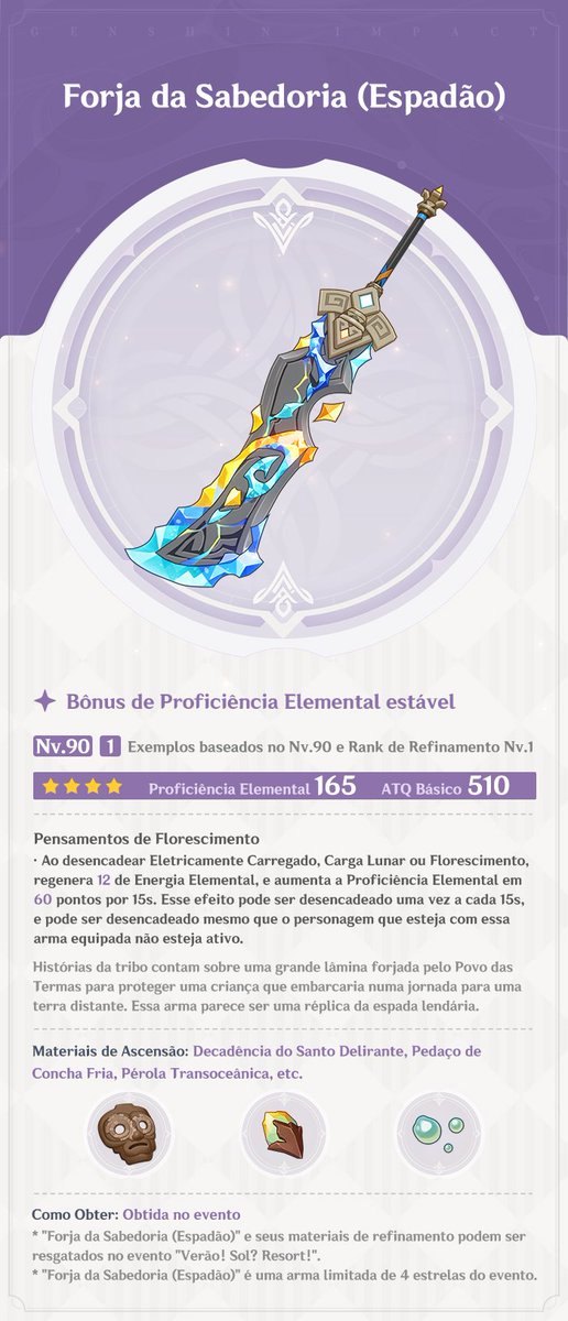 TioFurro___dlc's tweet image. Estava dando uma olhada na arma gratuita do próximo evento e tenho uma teoria, A Aino parece ser espadão, a arma da EM e ER pro personagem, acho que o leak dela ser o hydro 4* substituto da columbina estava certo, o efeito é pra taser/bloom (flyns/lauma)