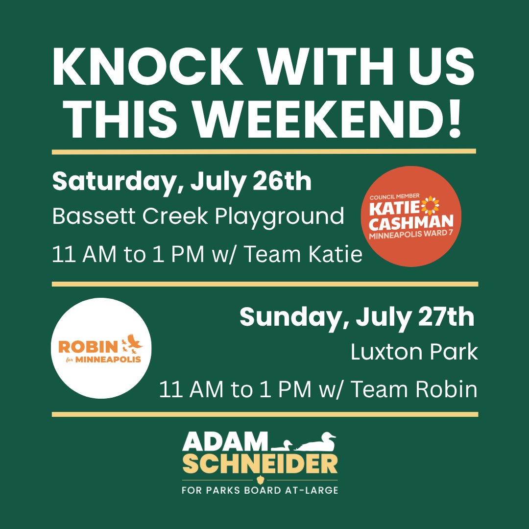 Adam4MplsParks's tweet image. Come knock doors with us this weekend! On Saturday, we'll be joined by Team Katie in Bryn Mawr, and on Sunday, we'll be canvassing with Team Robin in Prospect Park!