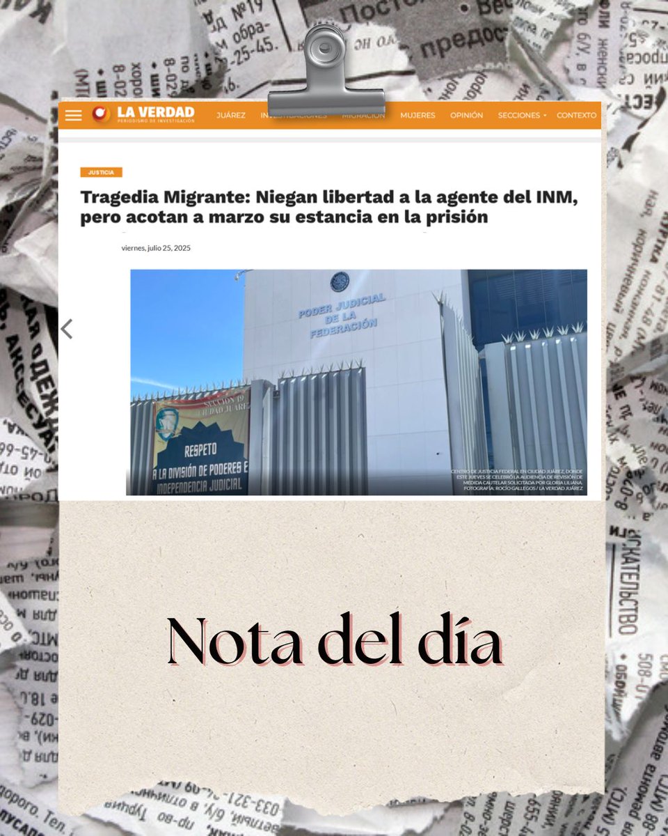 FJEDD's tweet image. #EnLasNoticias
Niegan la suspensión de la prisión preventiva a Gloria Liliana R.G., la agente del Instituto Nacional de Migración (INM) acusada de homicidio por la muerte de 40 migrantes extranjeros en el incendio de la estancia migratoria en Ciudad Juárez.…