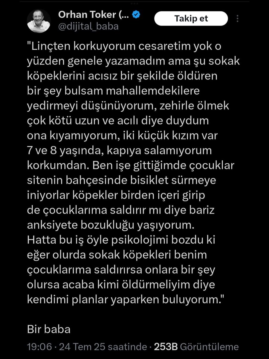 Orhan bey ne olur Allah’ın yarattığı bir canlıya zehir vermeyin verdiğinizde bütün iç organları parçalanıyor ve çok büyük acı çekiyorlar.Şöyle yapamazmısınız siz ve kızlarınız Allah bağışlasın bu arada,o hayvanlara bir kap su bir kap mama verseniz birde başlarını okşanız