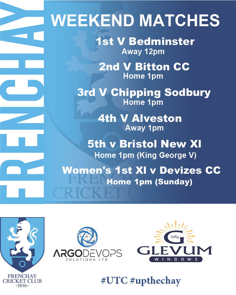 Frenchay CC (@frenchaycc) on Twitter photo Sunny weather for a great weekend🌞
Frenchay fixtures🏏
1s v <a href="/bedminstercc/">Bedminster CC</a>
2s v <a href="/Bitton_Ladies/">Bitton Ladies AFC</a>
3s v @chippingsodburycc
4s v <a href="/AlvestonCricke1/">@AlvestonCricketClub</a>
5s v <a href="/bristolNewXICC/">Bristol New Elevens CC 🏏</a>
W1s v <a href="/DevizesCC/">Devizes Cricket Club</a>
#UTC #upthechay Sunny weather for a great weekend🌞
Frenchay fixtures🏏
1s v <a href="/bedminstercc/">Bedminster CC</a>
2s v <a href="/Bitton_Ladies/">Bitton Ladies AFC</a>
3s v @chippingsodburycc
4s v <a href="/AlvestonCricke1/">@AlvestonCricketClub</a>
5s v <a href="/bristolNewXICC/">Bristol New Elevens CC 🏏</a>
W1s v <a href="/DevizesCC/">Devizes Cricket Club</a>
#UTC #upthechay