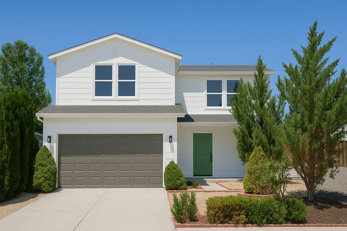 copperhomeco's tweet photo. Black and White is really high contrast

Small changes can soften the look 

This was a quick edit. I would do a more sage green front door, GPT is making it look more green.

Main Color: Dunn Edwards Birch White
Garage Door: BM Rockport Gray
Front Door: BM Intrigue

Thoughts? https://t.co/H7IfyOmuzy