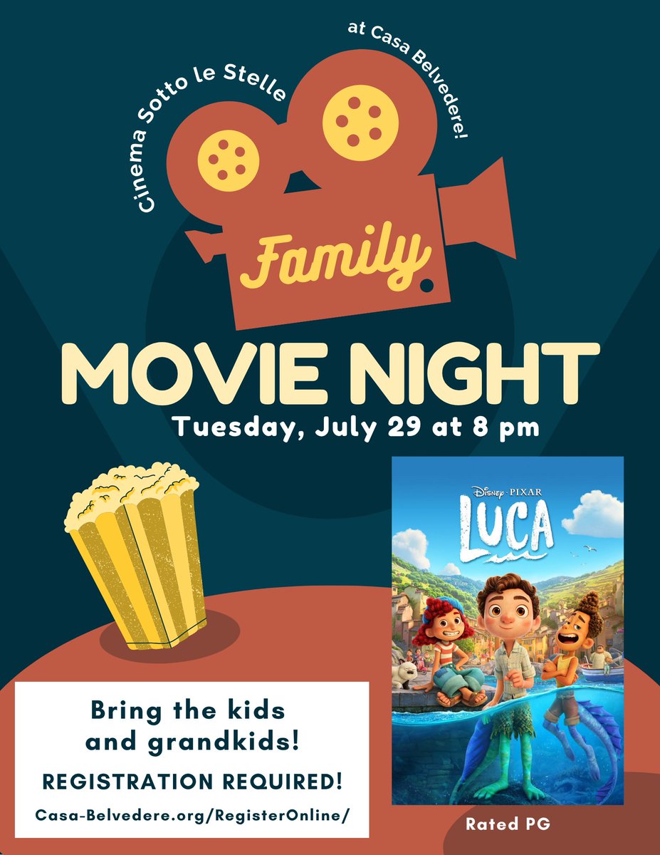 Bring the family to #CasaBelvedere for a magical movie night under the stars: Disney/Pixar’s #LUCA next Tuesday, July 29 at 8 pm. Refreshments sold at our concession stand, including gelato! Members free, $10 suggested non-members. Register: bit.ly/40tJmy2 
#StatenIsland