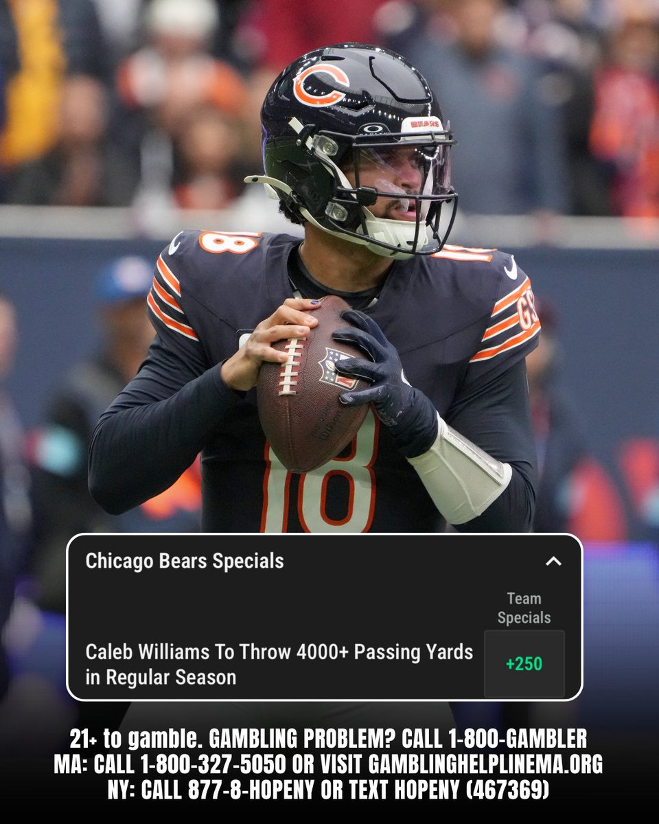 CaesarsSports's tweet image. Will Caleb Williams become the first QB in Bears' franchise history to throw for OVER 4,000 yards? 🐻
21+ to gamble. Gambling Problem? Call 1-800-GAMBLER