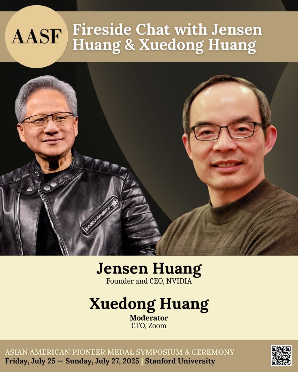 AASForumOrg's tweet image. On Saturday, July 26, Jensen Huang, Founder & CEO of NVIDIA, speaks with Xuedong Huang, CTO of Zoom. This fireside chat during our Asian American Pioneer Medal Symposium and Ceremony will be a great conversation. Our full agenda: ticket.aafuturefoundation.org