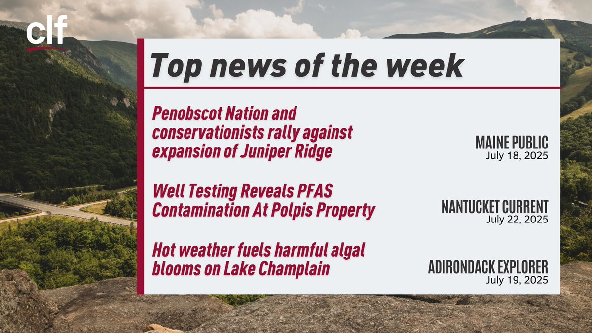 CLF's tweet image. CLF news highlights 🔍
👥 Communities push back on Juniper Ridge Landfill expansion ow.ly/8hsS50WvmOV
🤔 Harmful PFAS levels in Nantucket exceed state limits ow.ly/vR7750WvmOW
🌱 Lake Champlain’s warming temps = toxic algal blooms ow.ly/f2U250WvmOU