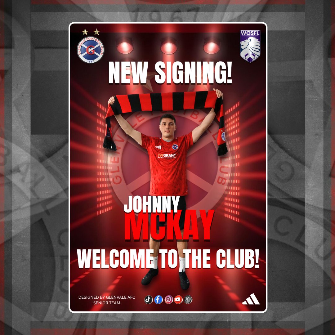 GlenvaleAFC67's tweet photo. Glenvale are delighted to announce the signing of Johnny Mckay!
Johnny is available to sponsor home &amp; away, £60 each or £100 for both. Welcome to the club Johnny! 🟥⬛ https://t.co/J4T9Haq8Rb
