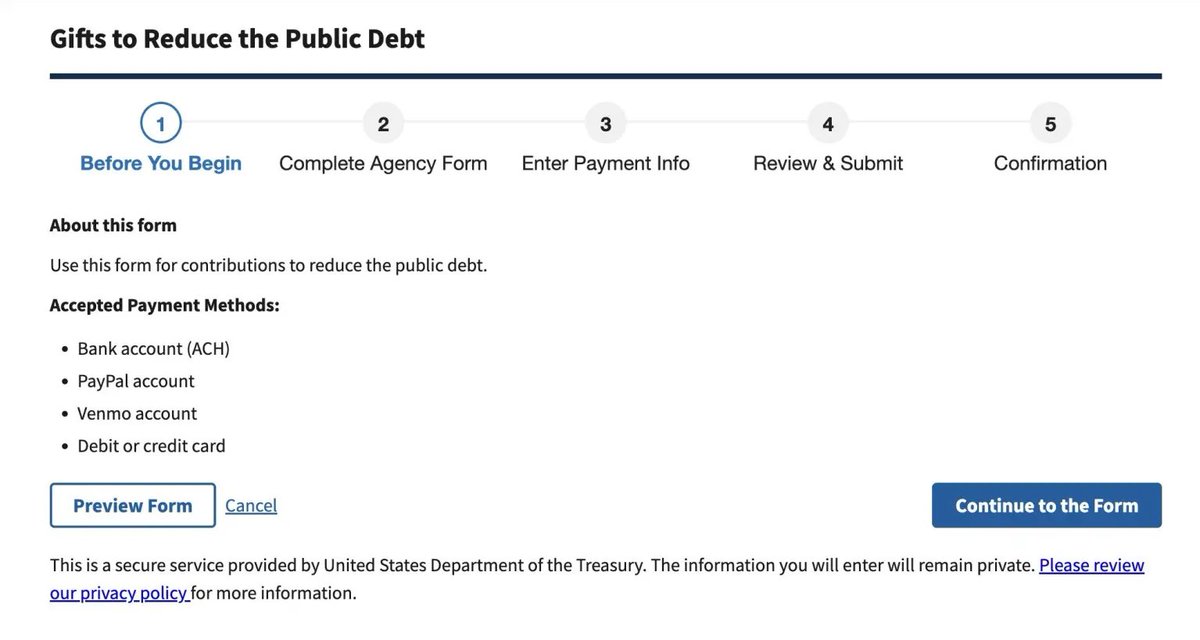 AFpost's tweet photo. The federal government has given Americans the option to pay down the $36.7 trillion federal debt with PayPal and Venmo donations.

Follow: @AFpost https://t.co/RHkXHtoykH