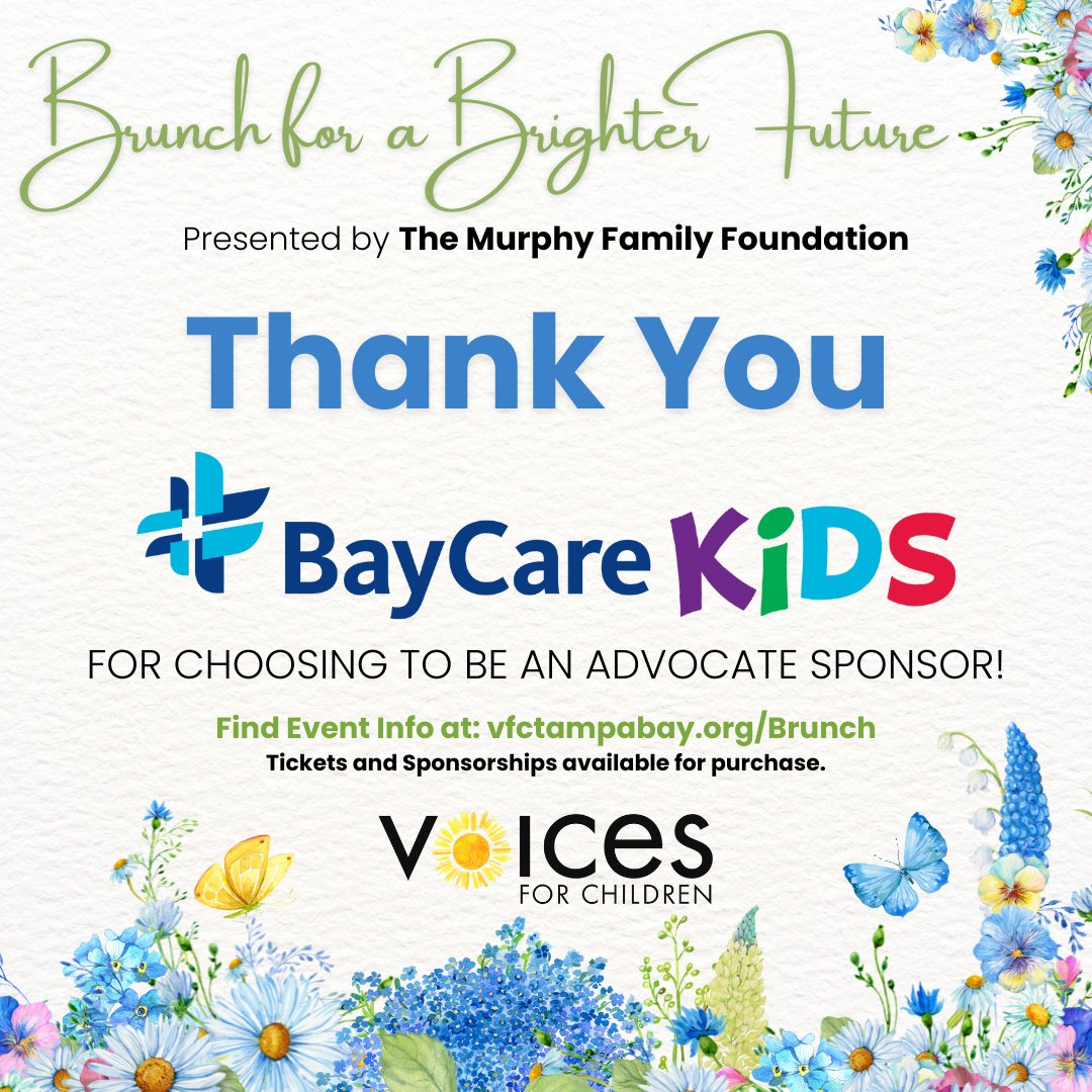 THANK YOU to our newest sponsor, BayCareKids for supporting our Brunch for a Brighter Future! Your support will directly impact the lives of foster kids, giving them help &amp; hope for a brighter future! For info on sponsorships &amp; event tickets: vfctampabay.org/brunch. <a href="/BayCare/">BayCare</a>