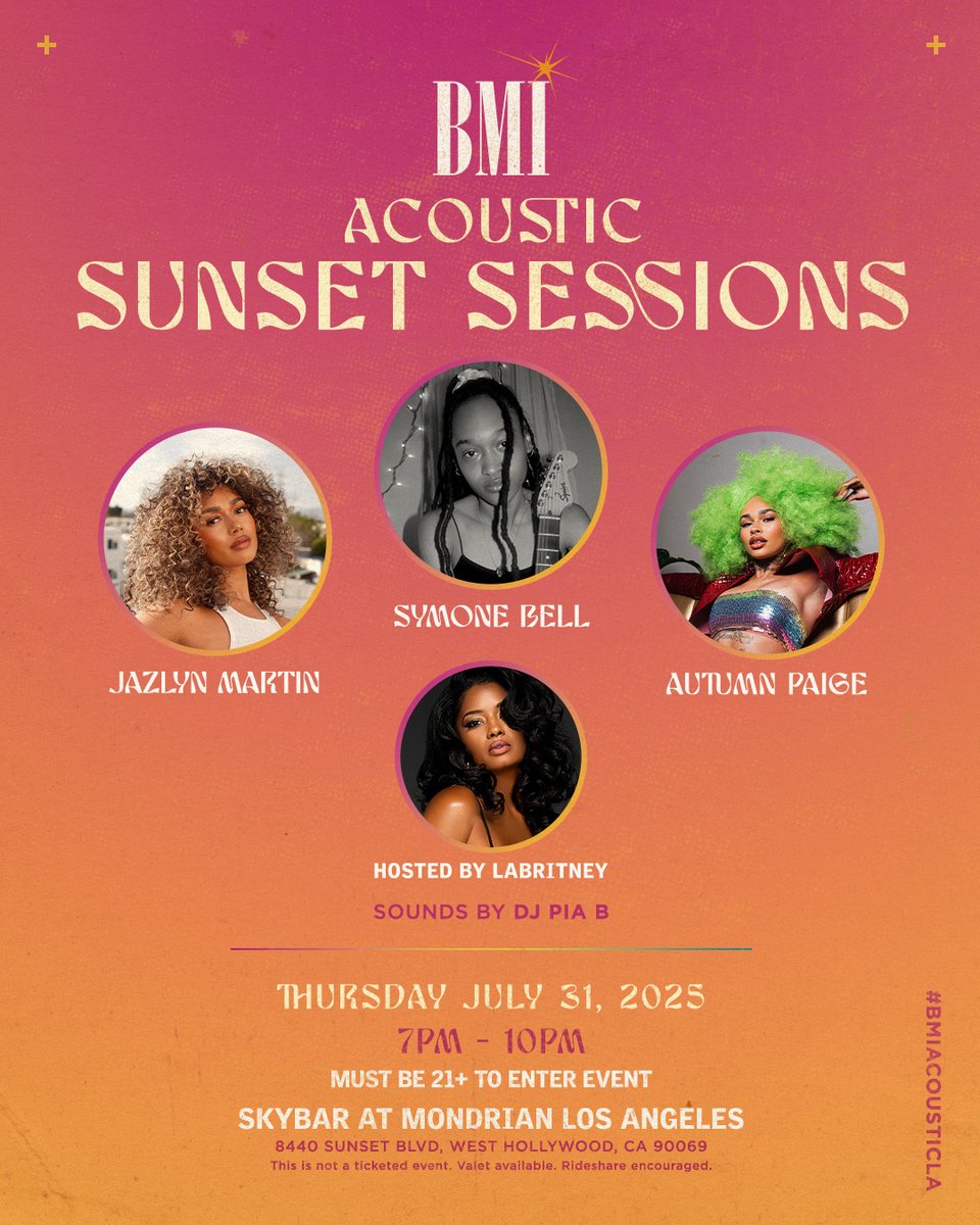 bmi's tweet image. Join us at our Acoustic Sunset Sessions with @itsjazlynmartin, #SymoneBell and #AutumnPaige, hosted by #LaBritney with sounds by #DJPiaB on Thursday, July 31st at @SkybarLA! #BMIAcousticLA 🎶✨ RSVP here: posh.vip/e/bmi-acoustic…