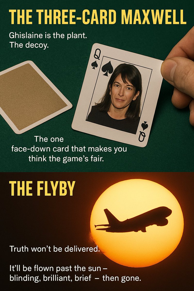 RAMBUNCTIOUSLIP's tweet image. ⸻ ⸻ ⸻ ⸻ ⸻
RECKONING CODE
&lt;⸻&lt;&lt;&lt;&gt;&gt;&gt;⸻&gt;
THE THREE-CARD MAXWELL
⸻ ⸻ ⸻ ⸻ ⸻
Ghislaine is the plant.
The decoy.
The one face-down card
that makes you think
the game’s fair.
But it’s Three-Card Monty
and they’re holding all the cards.
Whenever the heat…