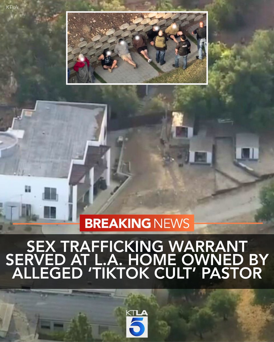 KTLA's tweet photo. #BREAKING: A large operation was seen unfolding in Tujunga on Friday morning when law enforcement served a search warrant for multiple crime allegations, including, most notably, sex trafficking, at a home connected to a Netflix docuseries. Full story: https://t.co/a24liIIKTL https://t.co/Uv3npINtFP