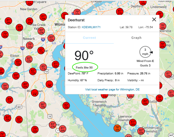 DE_Skywarn's tweet image. @wunderground Hi we are looking at the #Wundermap with temps around the area in the 94-97 range. Dew Points are in the upper 70's or more but feels like temps are showing the air temp.  Looks like an error !!!!