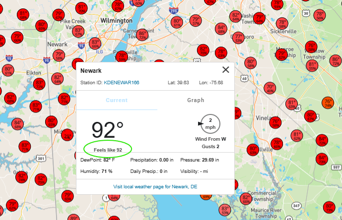 DE_Skywarn's tweet image. @wunderground Hi we are looking at the #Wundermap with temps around the area in the 94-97 range. Dew Points are in the upper 70's or more but feels like temps are showing the air temp.  Looks like an error !!!!