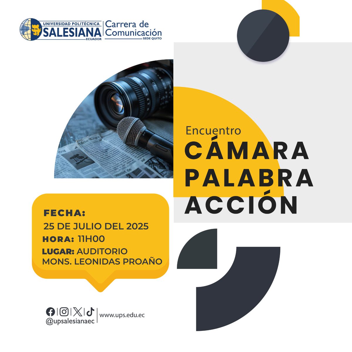Davidem281's tweet image. Hoy en la Auditorio Monseñor Leónidas Proaño de la #UPS de #Quito el evento "Cámara, Palabra y Acción" organizado por la Carrera de #Comunicación de la #UPS.
#Música