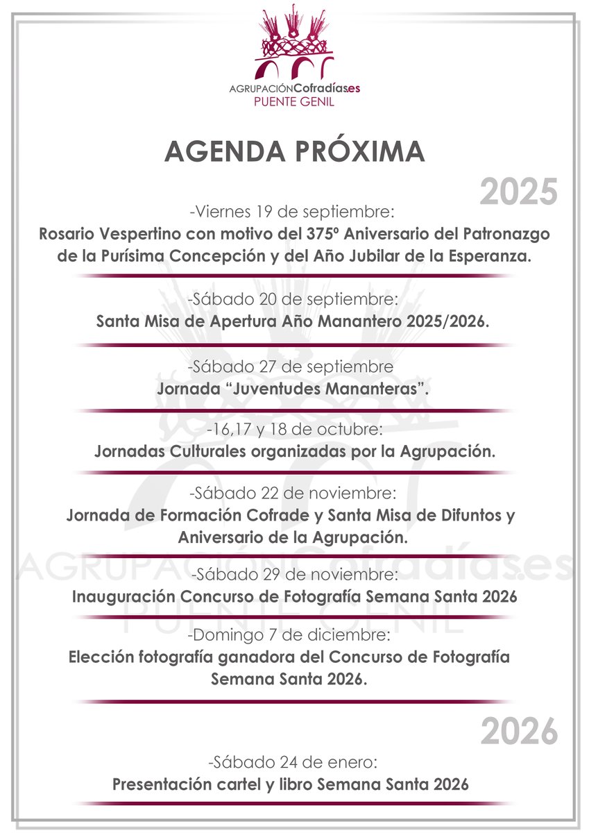 Informamos de la agenda próxima organizada por esta Agrupación, que daría inicio a un nuevo e ilusionante año manantero. 
 #Mananta #PuenteGenil #SemanaSanta #Cofrade #Mananta26