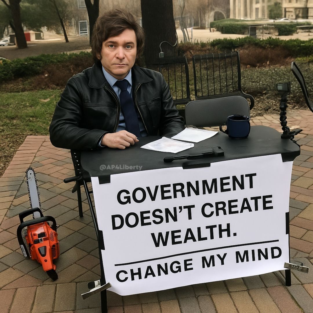 AP4Liberty's tweet photo. Javier Milei doesn’t believe the government creates wealth. @JMilei believes it steals it, burns it, and asks for more. https://t.co/Bq1dXvj9d2