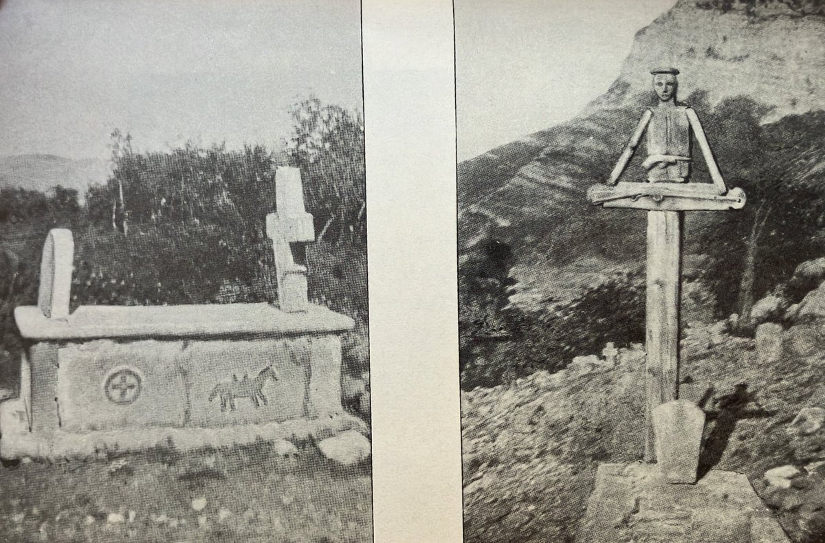 Grave, between Skreli and Baitza, showing portrait of deceased’s favourite horse.

Cross at Vukli, with portrait of the deceased.