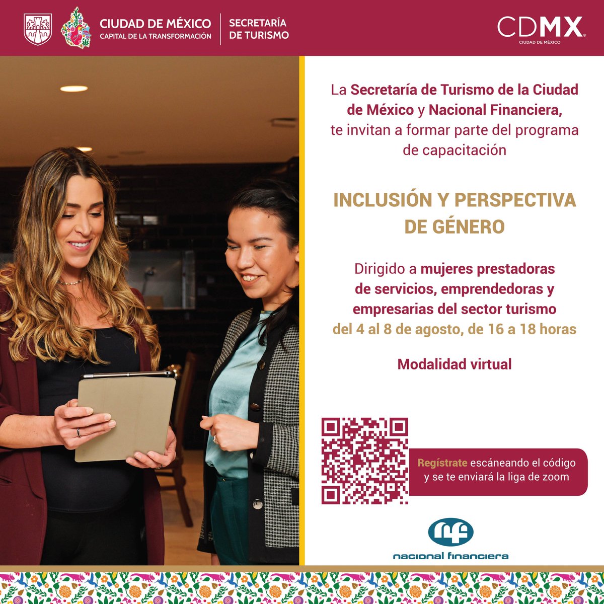 En colaboración con <a href="/NafinOficial/">Nacional Financiera</a>, te invitamos al programa de capacitación: "Inclusión y Perspectiva de Género".
Dirigido a prestador@s de servicios turísticos de la Ciudad de México.
🧑‍💻Virtual 
🗓️  4 al 8 de agosto
🕒16 a 18:00 h
Registro:
zoom.us/webinar/regist…

#DíaNaranja🟠