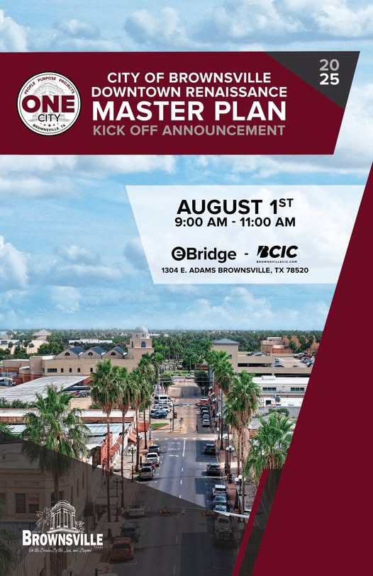 Get ready for a bold new chapter in Brownsville’s history! Join the City of Brownsville on Friday, August 1, 2025, at the eBridge Center at 1304 E. Adams St. for the official launch of the Downtown Renaissance Master Plan.

#BrownsvilleTX #DowntownRenaissance