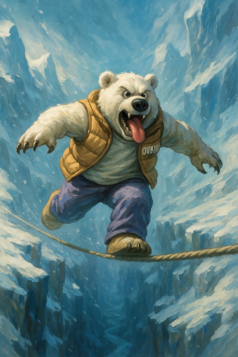 DanMcMan77's tweet image. Who sprints across a frozen rope strung between cliffs with a thousand-foot drop below?
Only a lunatic. Or an OUKII Bear.
Tongue out. Eyes locked. No hesitation.
He didn’t walk the line, he charged it. Wind screaming. Ice cracking. Death one misstep away.
But fear never had a…