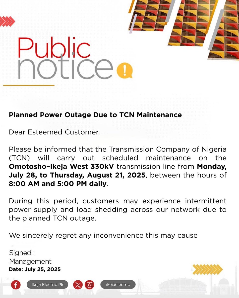 IkejaElectric's tweet image. Public Notice: Planned Power Outage Due to TCN Maintenance.