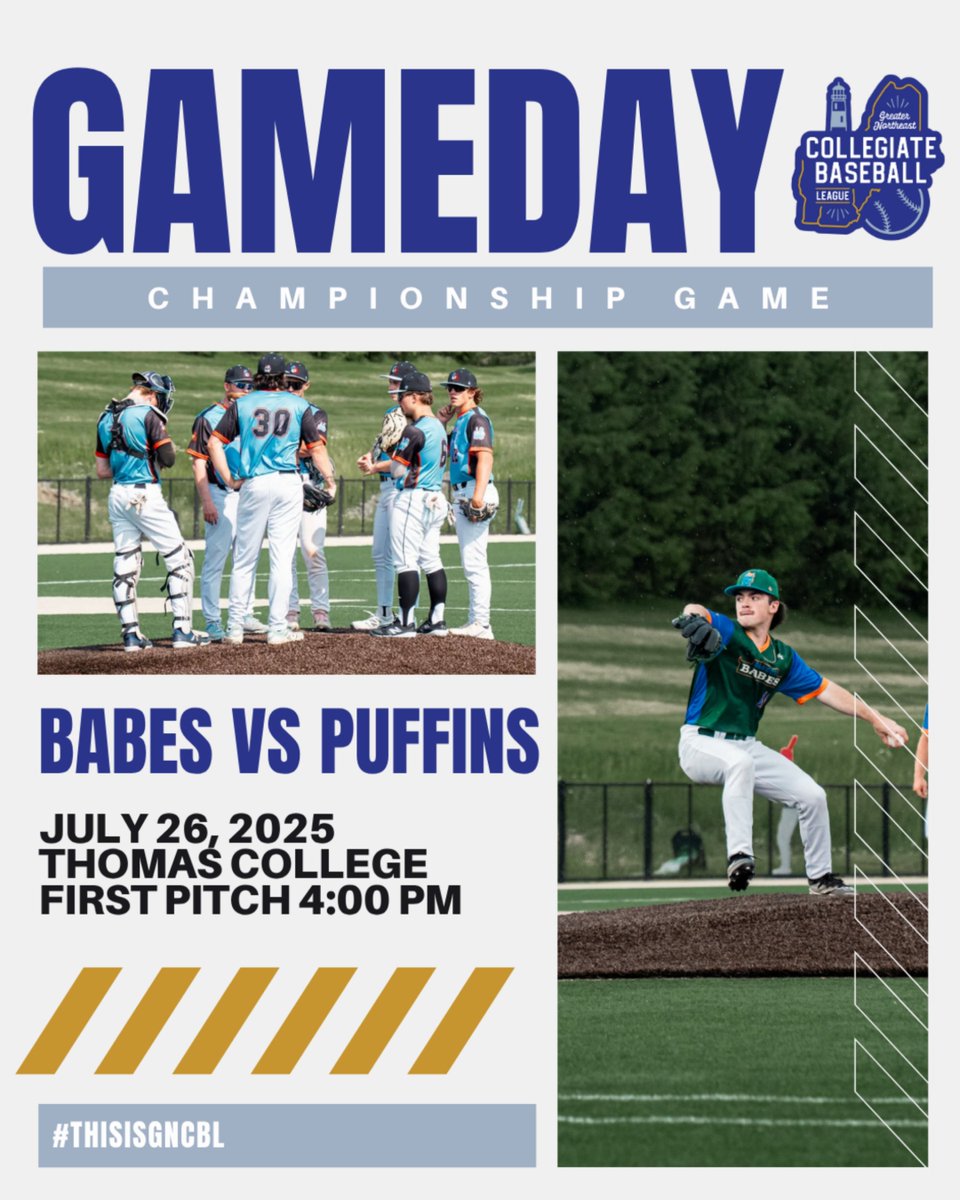 🏆 GNCBL Championship is SET! 🏆

Bangor Babes vs. South Portland Puffins
📍 Thomas College | ⏰ 4 PM

Who takes the crown? 🔥⚾️
#GNCBLFinals #ThisIsGNCBL #RoadToTheTitle