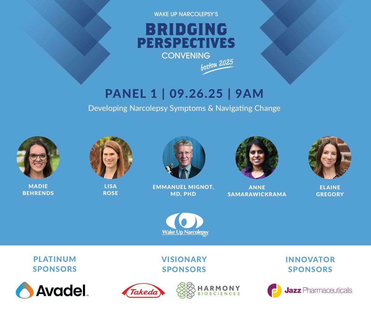 Wake Up Narcolepsy (@wakenarcolepsy) on Twitter photo Presenting the Developing #Narcolepsy Symptoms & Navigating Change Panel as part of our Bridging Perspectives Convening in Boston🌟
Learn more & register: onecau.se/wunbridgingper…
Sponsors: <a href="/AvadelPharma/">Avadel Pharmaceuticals</a> <a href="/TakedaPharma/">Takeda</a> <a href="/HarmonyBio/">Harmony Biosciences</a> <a href="/JazzPharma/">Jazz Pharmaceuticals</a> <a href="/Alkermes/">Alkermes</a> <a href="/axsome/">Axsome Therapeutics</a> <a href="/centessa/">Centessa Pharmaceuticals</a> Presenting the Developing #Narcolepsy Symptoms & Navigating Change Panel as part of our Bridging Perspectives Convening in Boston🌟
Learn more & register: onecau.se/wunbridgingper…
Sponsors: <a href="/AvadelPharma/">Avadel Pharmaceuticals</a> <a href="/TakedaPharma/">Takeda</a> <a href="/HarmonyBio/">Harmony Biosciences</a> <a href="/JazzPharma/">Jazz Pharmaceuticals</a> <a href="/Alkermes/">Alkermes</a> <a href="/axsome/">Axsome Therapeutics</a> <a href="/centessa/">Centessa Pharmaceuticals</a>