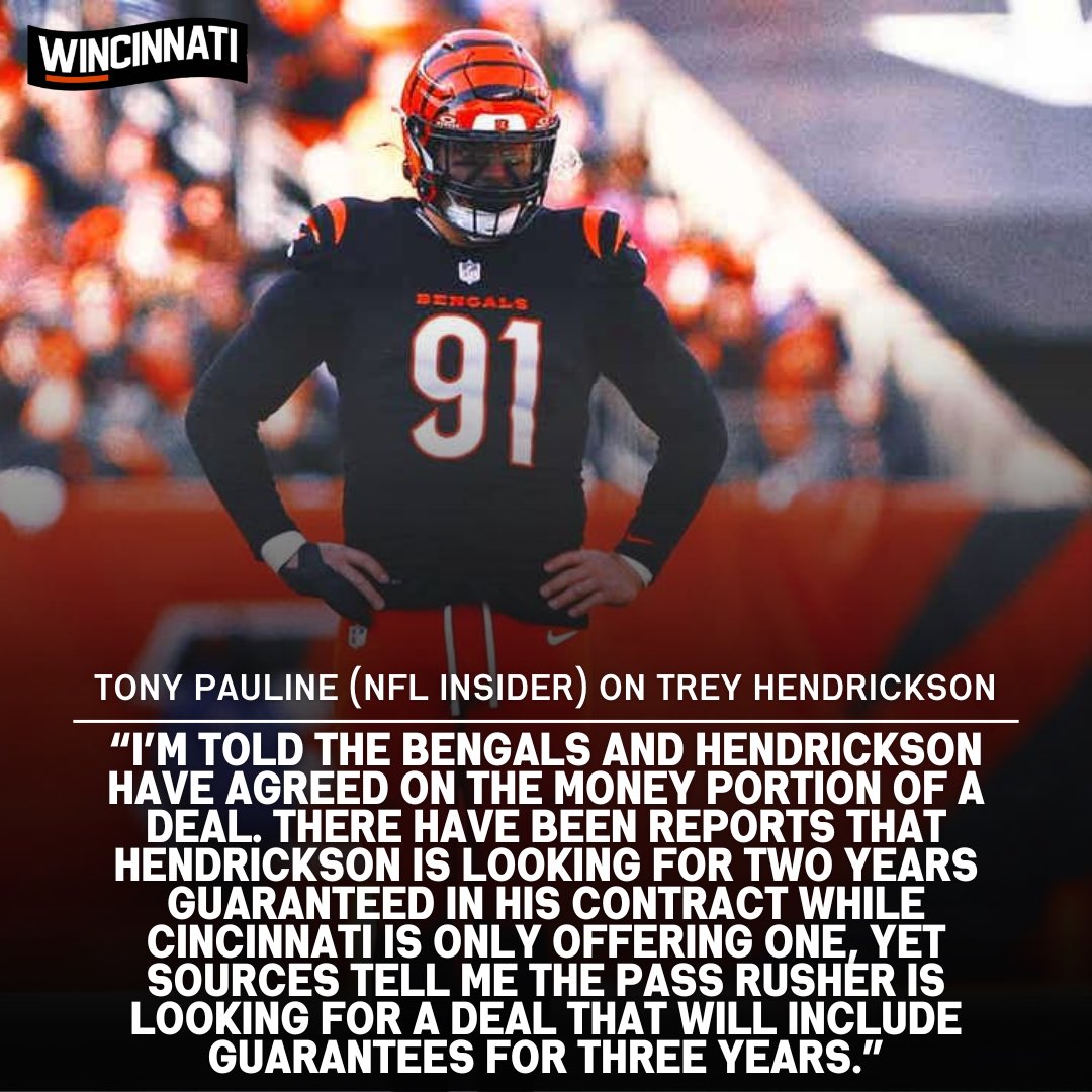 WincinnatiPod's tweet image. Sources are telling NFL Insider Tony Pauline, that Trey Hendrickson is looking for guarantees in year 3 on a potential new deal.