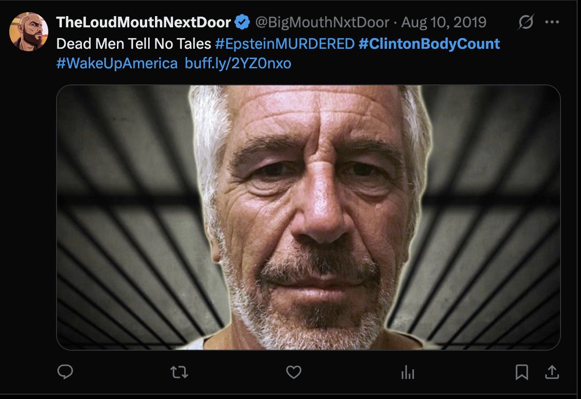 jgmac1106's tweet photo. @realDonaldTrump The day Epstein died #ClintoBodyCount and then #TrumpBodyCount exploded in reaction https://t.co/gmGUfvmNdx