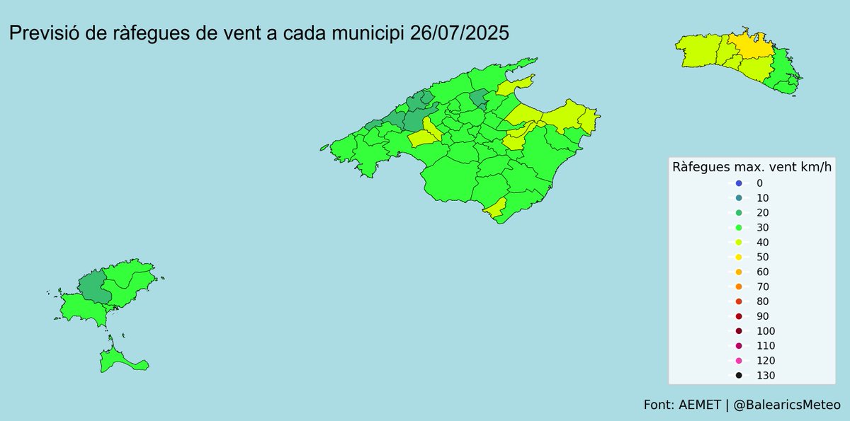 🌬️ Previsió de ràfegues de vent a ses Illes Balears 26/07/2025:

- Menorca: 51 km/h
- Mallorca: 42 km/h
- Eivissa: 36 km/h
- Formentera: 36 km/h
Font: AEMET
