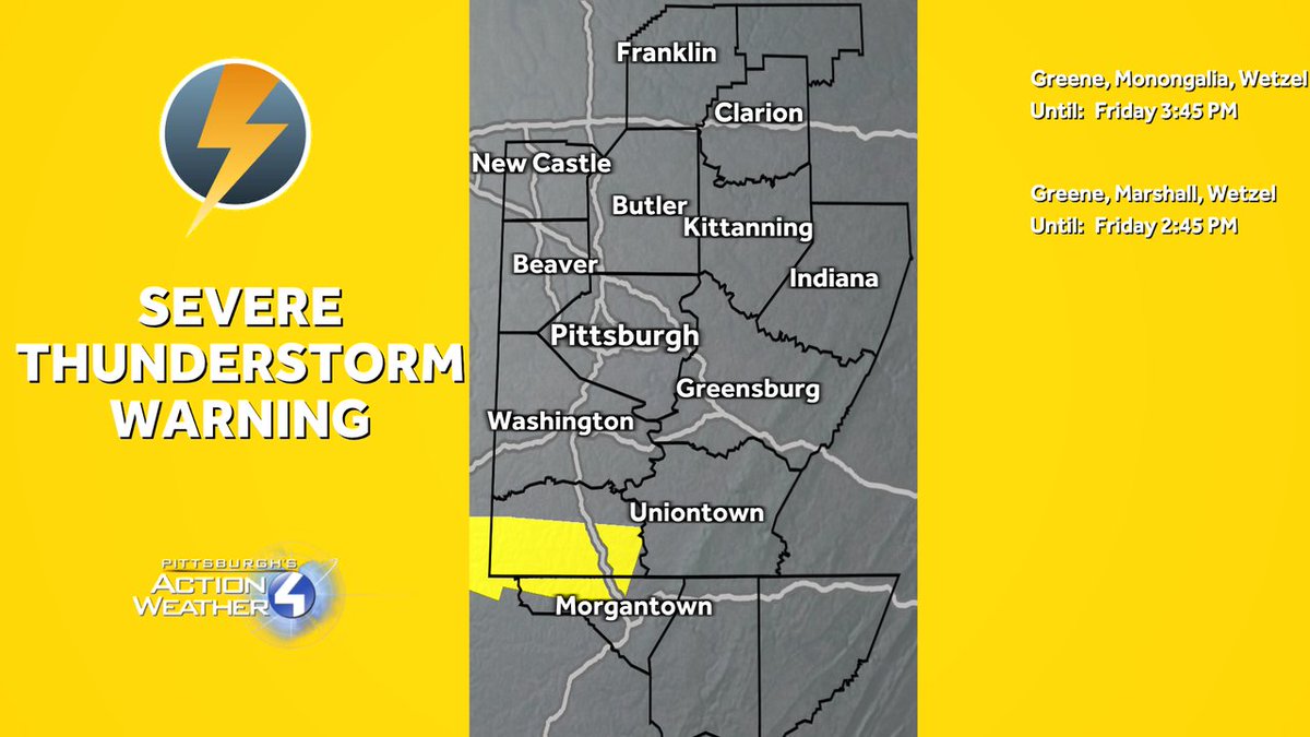 BrianHuttonWTAE's tweet image. A Severe Thunderstorm Warning has been issued for the highlighted areas. Strong winds and large hail are possible from storms moving through the area. For the latest forecast, visit wtae.com or the WTAE mobile app #pawx