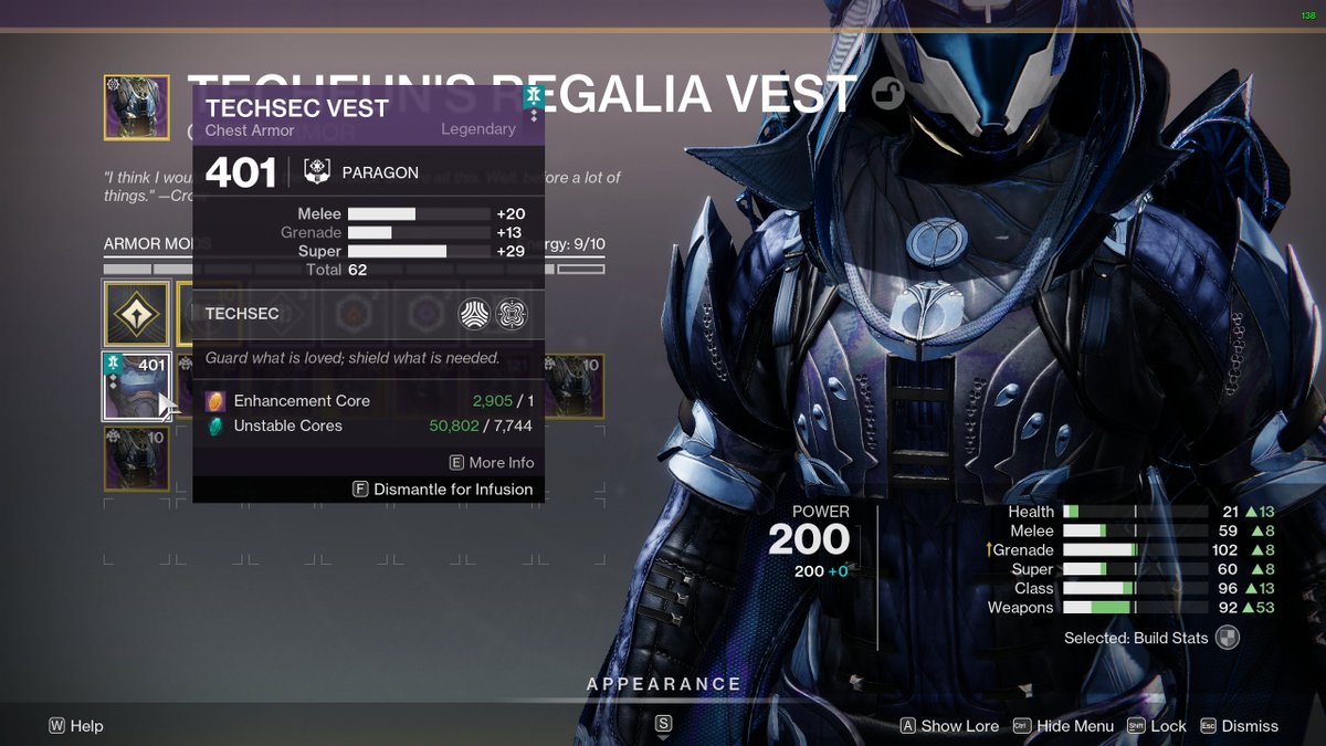 Kujay_'s tweet image. After grinding to 401 Power on my Titan, I decided to swap over to Hunter.

It takes 7,744 Unstable Cores to infuse one piece of 200 Power Armor up to 401 Power.  Even with 50,190 cores, that means I can only infuse 6 armor pieces before I run out of cores...

WTF is this system!