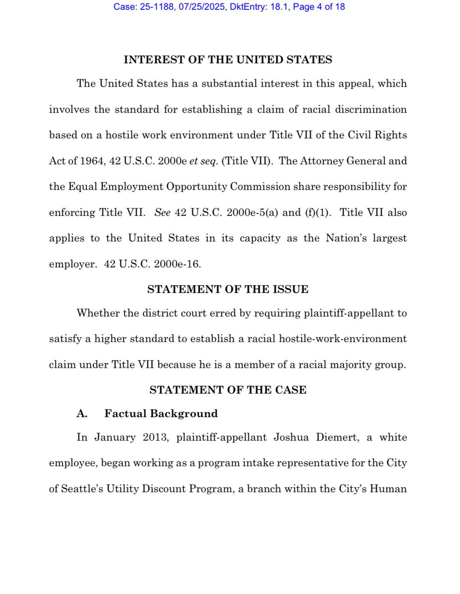 The City of Seattle forced Joshua Diemert to take D.E.I. training.  One of his colleagues told him that his race was “to blame for all injustices in the United States.”

🔗 justice.gov/crt/media/1408…