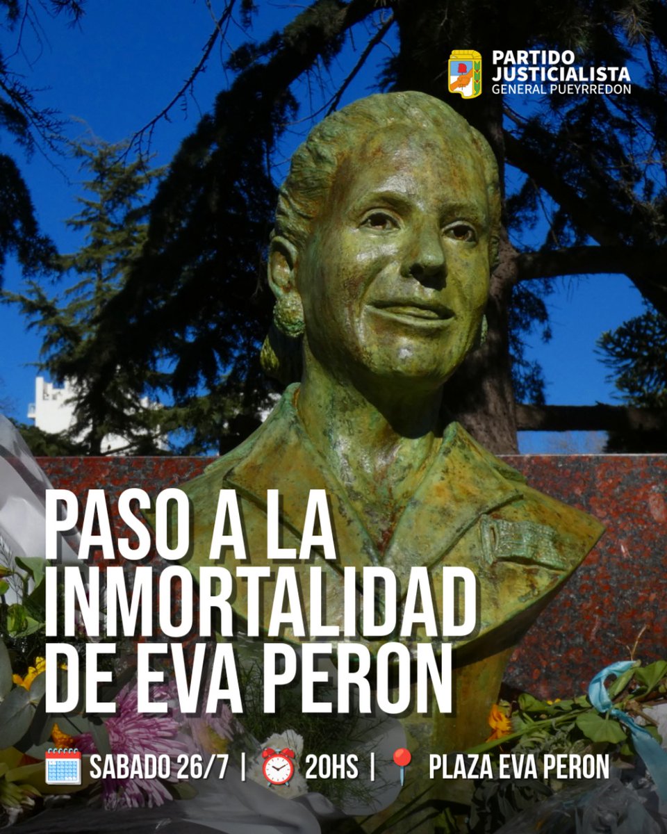 Paso a la Inmortalidad de la compañera Evita.

📢 Concentramos:

🗓 26 de julio 2025
🕗20hs
📍Plaza Eva Perón.

Los y las esperamos ✌🏻🇦🇷