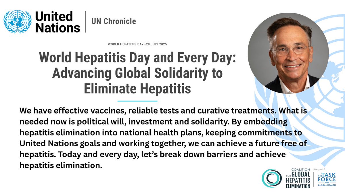 GlobalHep's tweet image. Hepatitis takes over 1M lives each year. In a new @_UNChronicle piece, CGHE Director Dr. John Ward urges global action to expand HepB birth dose and HepC treatment.
This #WorldHepatitisDay, stand for elimination.
Read more: buff.ly/opSqOz2
#HealthForAll #HepElimination