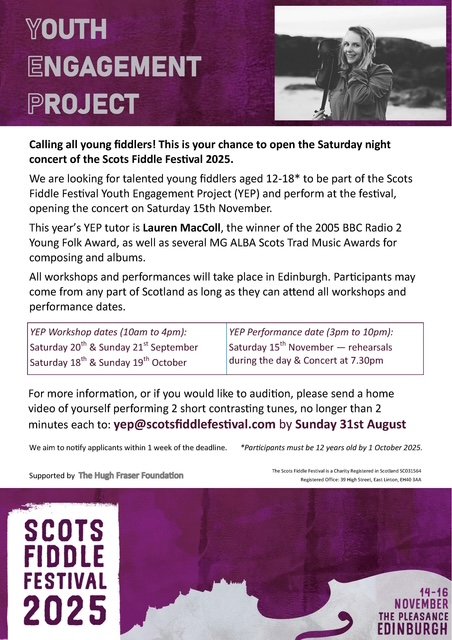 Scots Fiddle Festival (@scotsfiddlefest) on Twitter photo 📷 Calling all young fiddle players age 12-18! 📷
We're delighted that the fabulous <a href="/Laurenmaccoll1/">Lauren MacColl</a> will be leading the Youth Engagement Project at #ScotsFiddleFestival2025. Do you want to be a part of it, opening our Saturday night concert? More here:
scotsfiddlefestival.com/yep 📷 Calling all young fiddle players age 12-18! 📷
We're delighted that the fabulous <a href="/Laurenmaccoll1/">Lauren MacColl</a> will be leading the Youth Engagement Project at #ScotsFiddleFestival2025. Do you want to be a part of it, opening our Saturday night concert? More here:
scotsfiddlefestival.com/yep