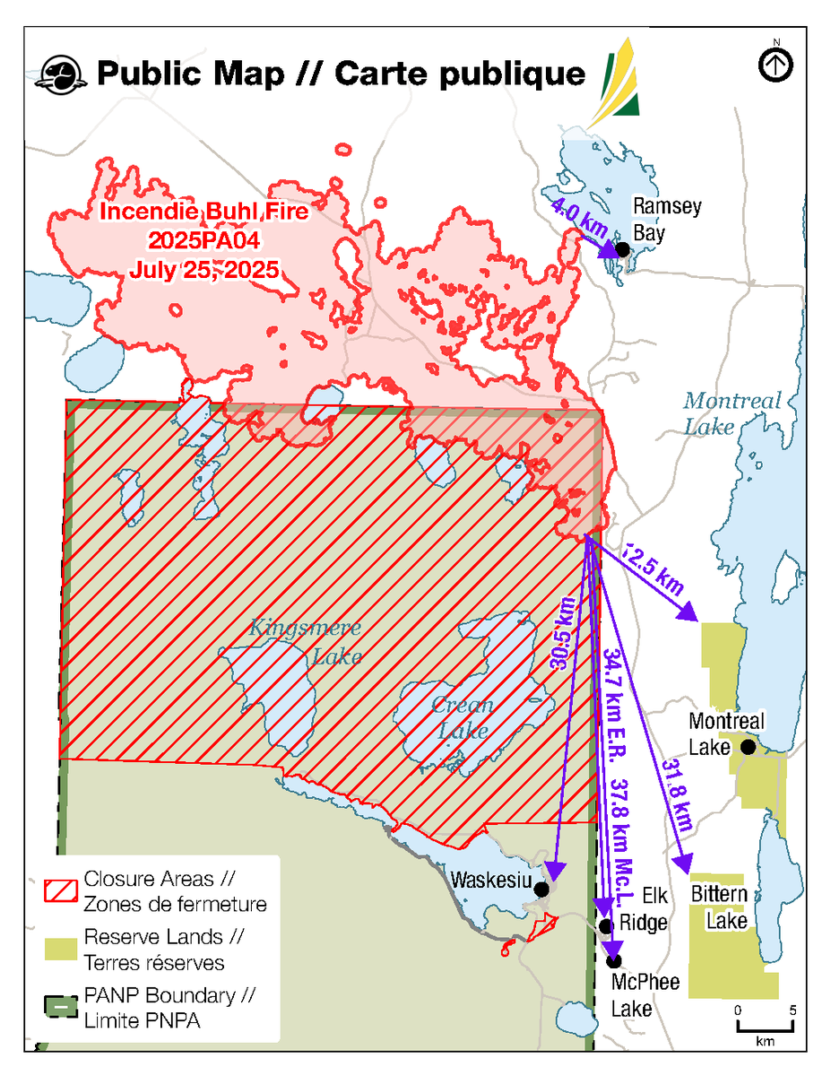 ** BUHL WILDFIRE UPDATE – JULY 25, 2025 – 12:00 **  
For detailed daily updates from Parks Canada and the Saskatchewan Public Safety Agency on the Buhl wildfire, please see the Prince Albert National Park website: parks.canada.ca/panp-fire