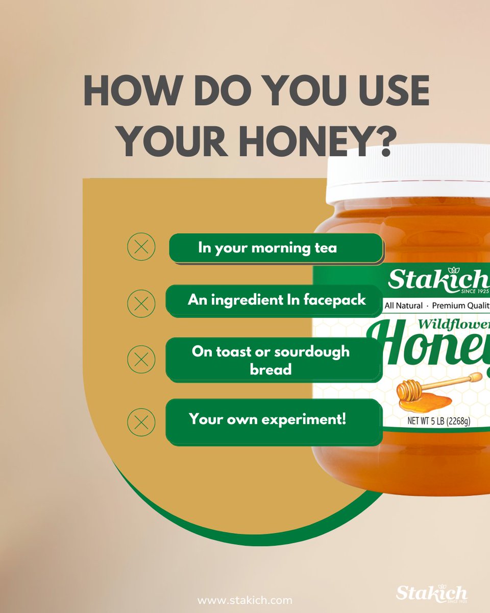 Stakich_inc's tweet image. Tell us how YOU use honey! 🍯
 ⬜ In tea
 ⬜ In skincare
 ⬜ On toast
 ⬜ Other (comment below!)

 #HoneyLovers #PollDay #BeeCommunity
