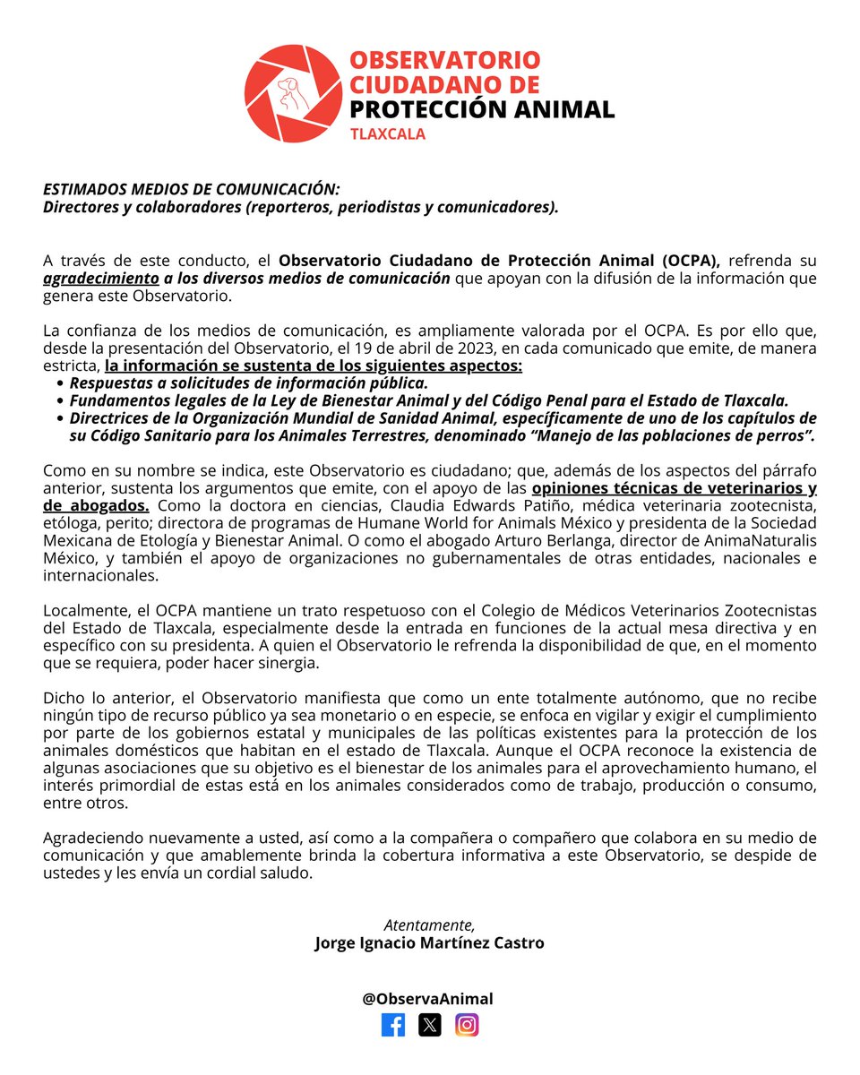 📣 A LOS MEDIOS DE COMUNICACIÓN:

🙌🏻 El Observatorio Ciudadano de Protección Animal (#OCPA), refrenda su agradecimiento a los #MediosDeComunicación por difundir la información que genera. 📌 Cabe recordar que su trabajo se sustenta en solicitudes de información pública,

1/4
