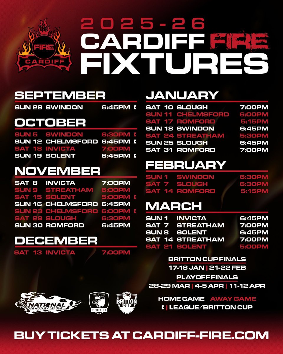 Cardiff Fire (@cardifffireihc) on Twitter photo ๐ฎ๐ฌ๐ฎ๐ฑ-๐ฎ๐ฒ ๐๐๐ฅ๐ ๐๐๐ซ๐ง๐จ๐ฅ๐๐ฆ ๐ฅ๐
We can't wait to welcome the Fire Family back in September โค๏ธ๐ฅ
โฌ Home | ๐ฅ Away | ๐ = League/Britton Cup
Save to your phone or sync to your calendar so you never miss a game!
๐ cardiff-fire.com/fixtures ๐ฎ๐ฌ๐ฎ๐ฑ-๐ฎ๐ฒ ๐๐๐ฅ๐ ๐๐๐ซ๐ง๐จ๐ฅ๐๐ฆ ๐ฅ๐
We can't wait to welcome the Fire Family back in September โค๏ธ๐ฅ
โฌ Home | ๐ฅ Away | ๐ = League/Britton Cup
Save to your phone or sync to your calendar so you never miss a game!
๐ cardiff-fire.com/fixtures