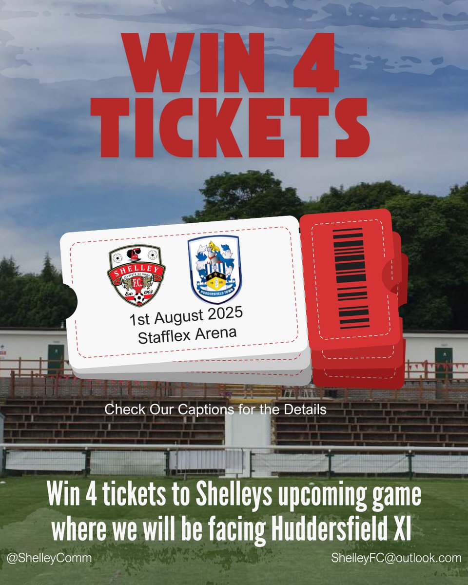 Win 4️⃣ tickets to this Fridays Game against Huddersfield Town XI! We’ll even throw in a drink at the bar 🙌 

How to enter: 

👥 Follow us
🔁 Repost this post
✅ Tag someone your taking to the game

❗️ Enter by 30th July 5pm

#ShelleyCFC #HuddersfieldTown <a href="/htafc/">Huddersfield Town</a> 
<a href="/htafcacademy/">Huddersfield Town Academy</a>