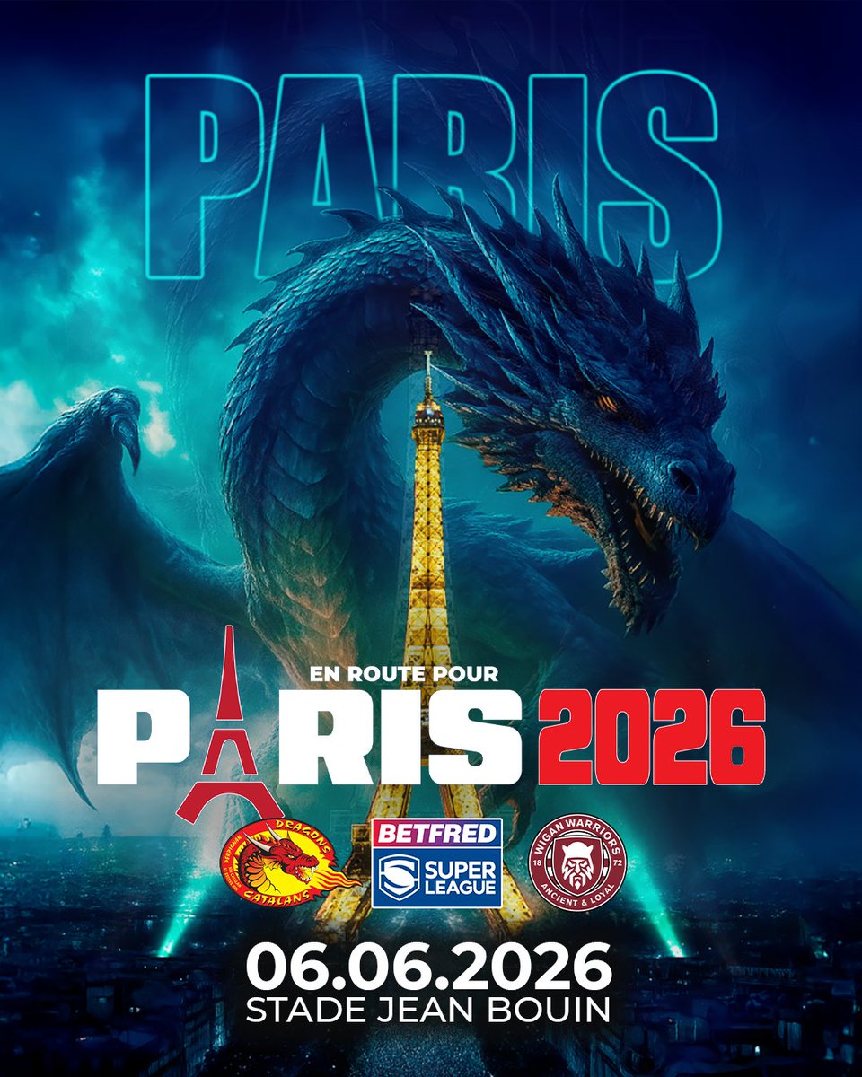 WiganWarriorsRL's tweet photo. 🇫🇷 Wigan Warriors will take on @DragonsOfficiel at the Stade Jean Bouin, Paris, on Saturday 6 June 2026. 

The game will mark the 20 years of Catalans in Super League and 30 years since the start of Super League - where it all began.

#WWRL #SLWIGCAT https://t.co/qZ9OJ8jgek