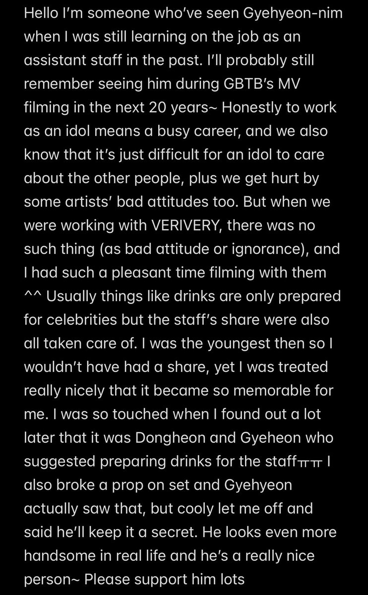 verrerdisee's tweet photo. An assistant staff who has worked with VERIVERY back in GBTB’s filming shared about their experience with Gyehyeon too :”) 💜 https://t.co/S3iU7JyVhV